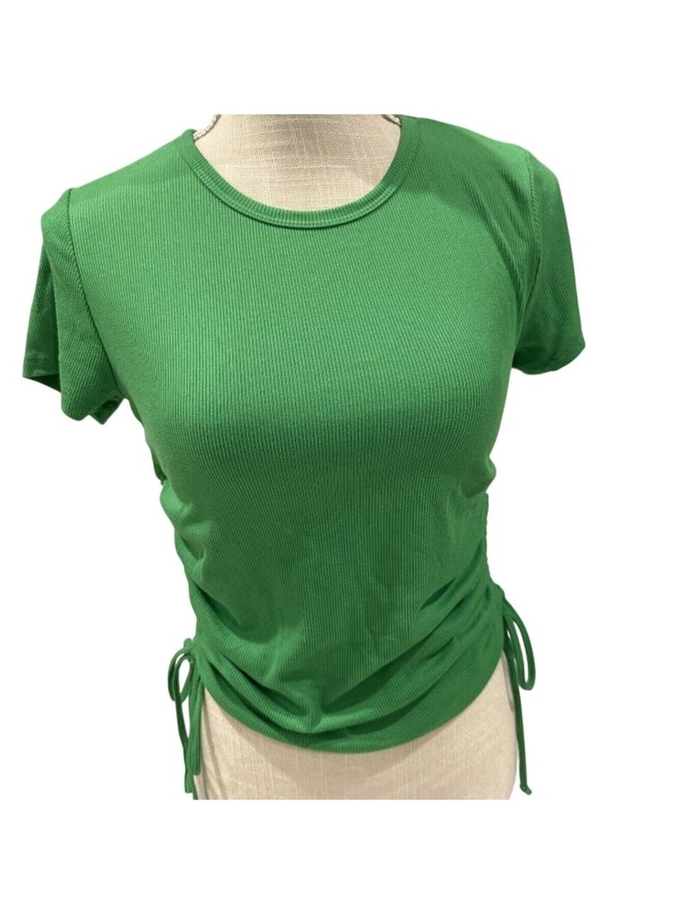 Orange Kiss Green Ribbed Short Sleeve Ruched Side T-Shirt M